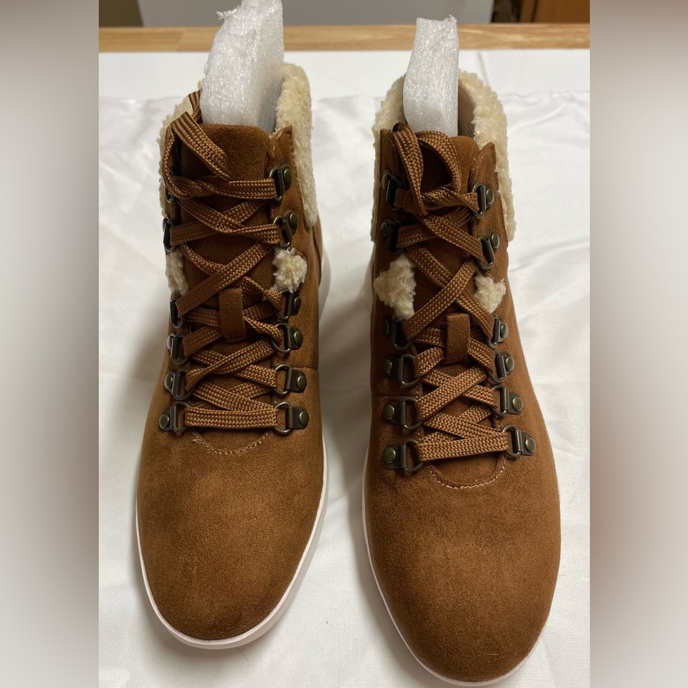 AEROSOLES Brown Lace Up Boots with Shearling Trim